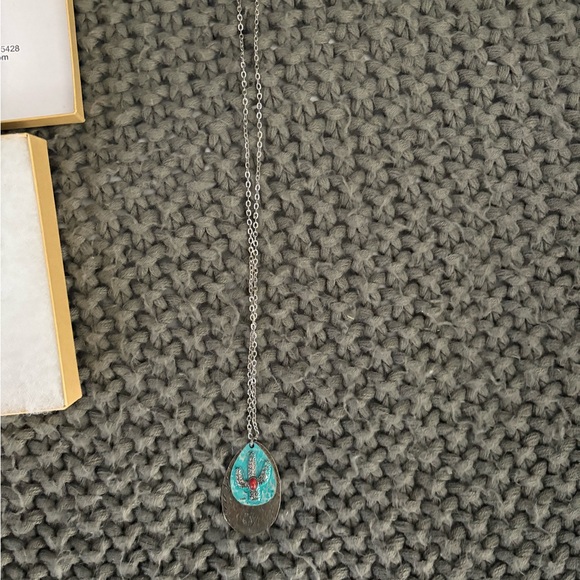 Handcrafted Cactus Pendant Necklace Turquoise Patina & Red Stone - Picture 3 of 4